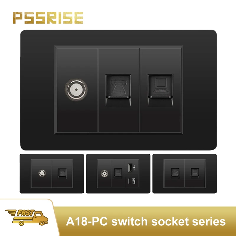 

PSSRESE Black US AU EU BR Italy Standard Doorbell 1/2/3Gang Wall Socket USB Type-C PC Panel TV Phone Computer Socket 118mm*74mm