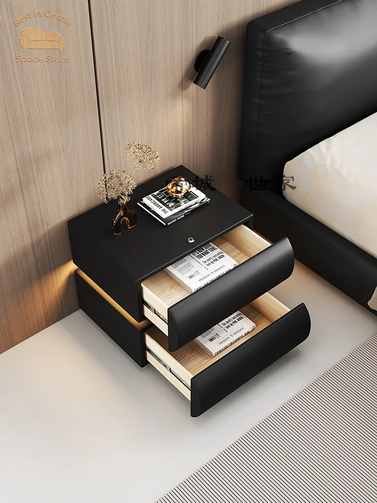 Half Moon Internet celebrity black leather solid wood environmental protection bedside table bedroom light luxury round