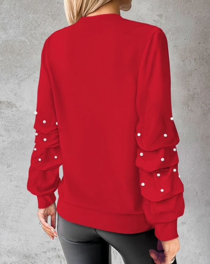 Women\'s Blouses Trend 2024 Keyhole Neck Long Sleeve Woman Clothing Beaded Red Tops for Christmas