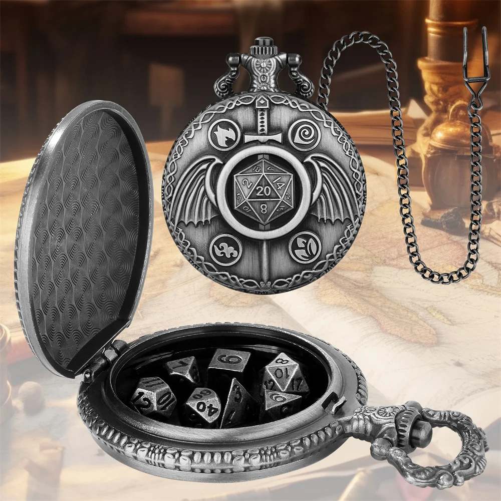 Grey Black/Bronze Pocket Watch Case Novel Retro Desktop Decorative Double Wings Storage Box with 7pcs/Set Mini Polygon Dices