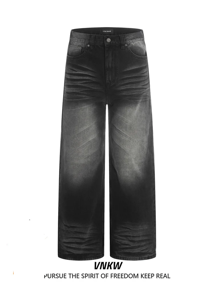 

Retro Distred American Lazy Feelings Men's And Women's Unique Bla ey Straight Loose Wide Leg Long Jeans Casual Sle