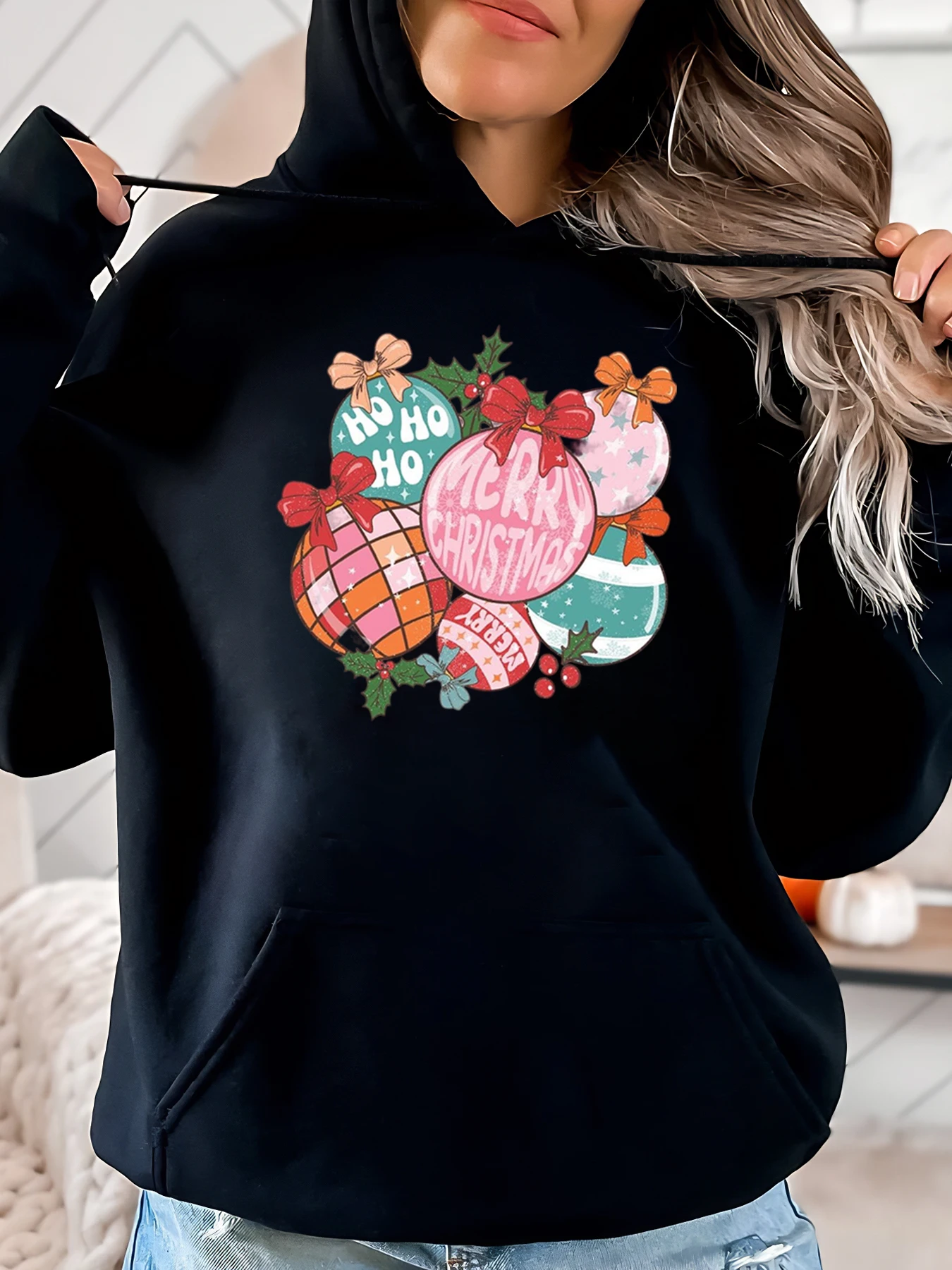 

Рождественские безделушки Ho Ho Merry Christmas Hoodie Женская повседневная праздничная одежда черного цвета больших размеров