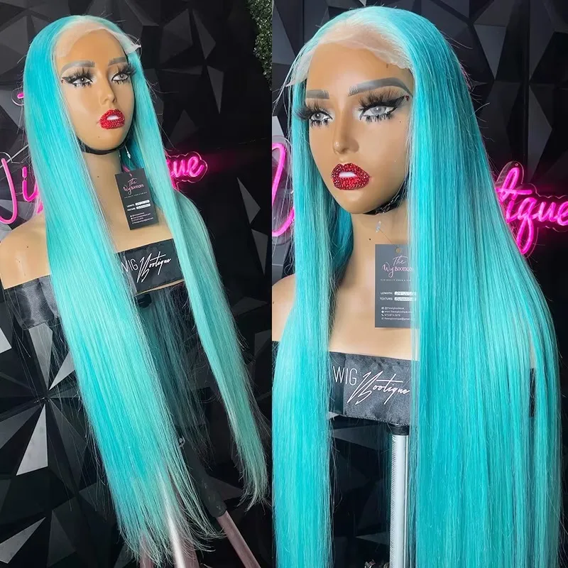 Straight Sky Blue 13x4 Hd Synthetic Lace Front Wig Glueless Preplucked Invisible Hairline Party Cosplay Wigs Natural Looking