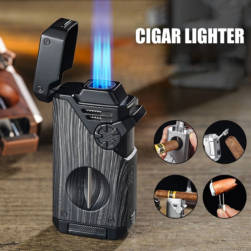 

Four Blue Flame Rocker Cigar Lighter V-Cigar Cutter Cigar Rig Anti-Hot Fork Visual Gas Window