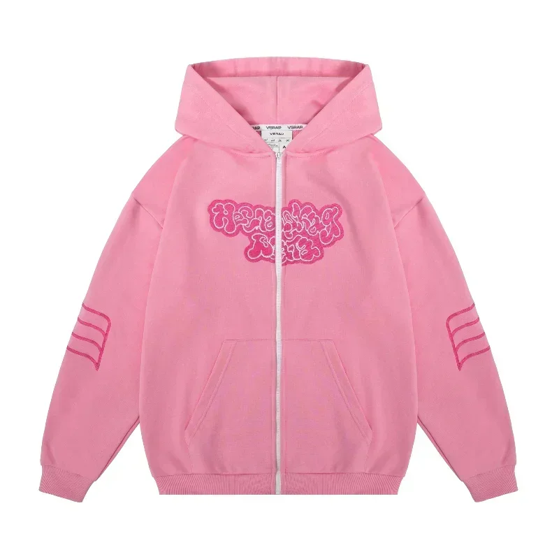 Kussia88 Y2K Sudadera con capucha con cremallera para hombres y mujeres, sudadera con bordado artístico a la moda, ropa de calle de gran tamaño rosa Harajuku, ropa Unisex