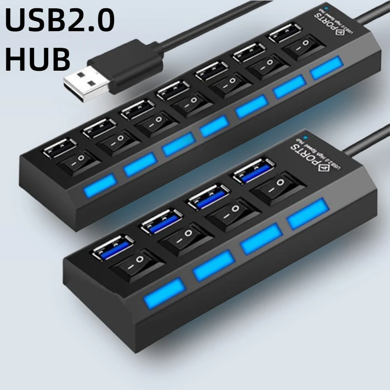 

Pop High Speed 7/4 Port LED USB 2.0 Adapter Hub Multi-Port Socket Powered ON/OFF Switch Charger Splitter For Computer U Disk