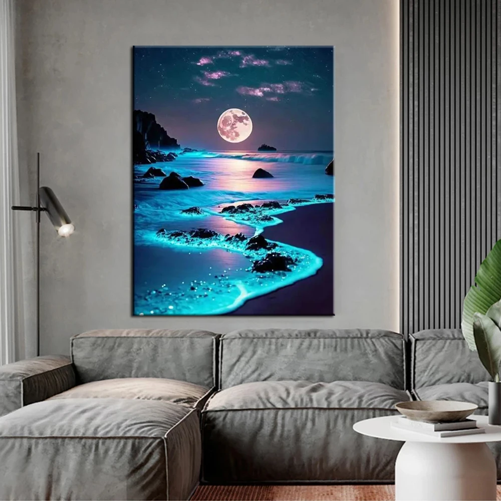 Diy 5D Diamond Painting Moonlight Sea Scenery Full Rhinestone Arts Mosaic Embroidery Night Landscape Wall Decor