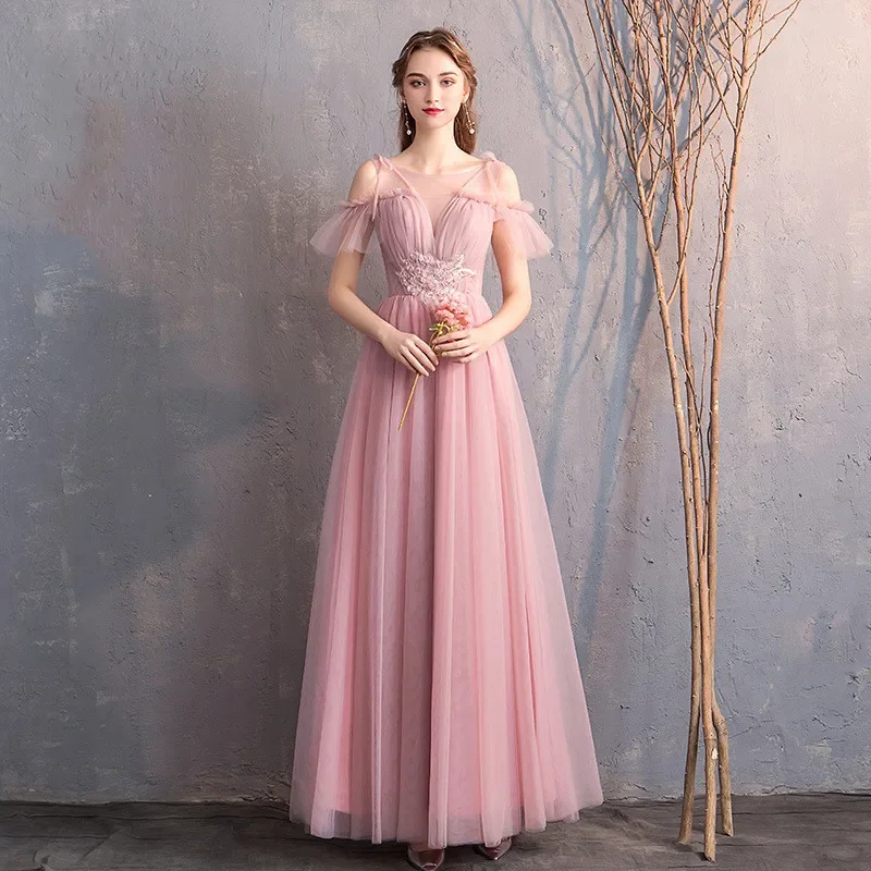 Evening Dress Pink Tulle Appliques O-neck Short Sleeves A Line Floor Length Plus size Lady Party Formal Gown Robe De Soiree R001