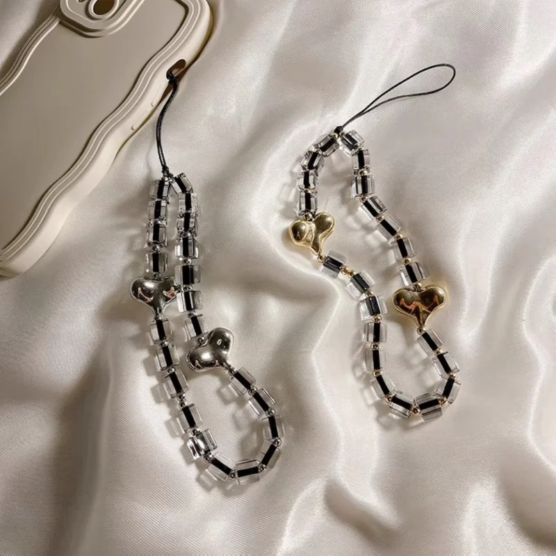 Cordão galvanizado para telefone, cordão leve de luxo com miçangas, amor, laço, pingente de telefone, anti-perda, cordão para celular