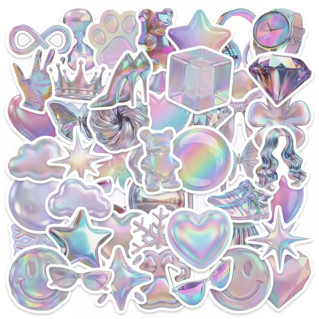 50Pcs Y2K Iridescent Neon Stickers, Waterproof DIY Decals for Luggage, Laptop & Tablet Decoration Golden Memory Stickers Store