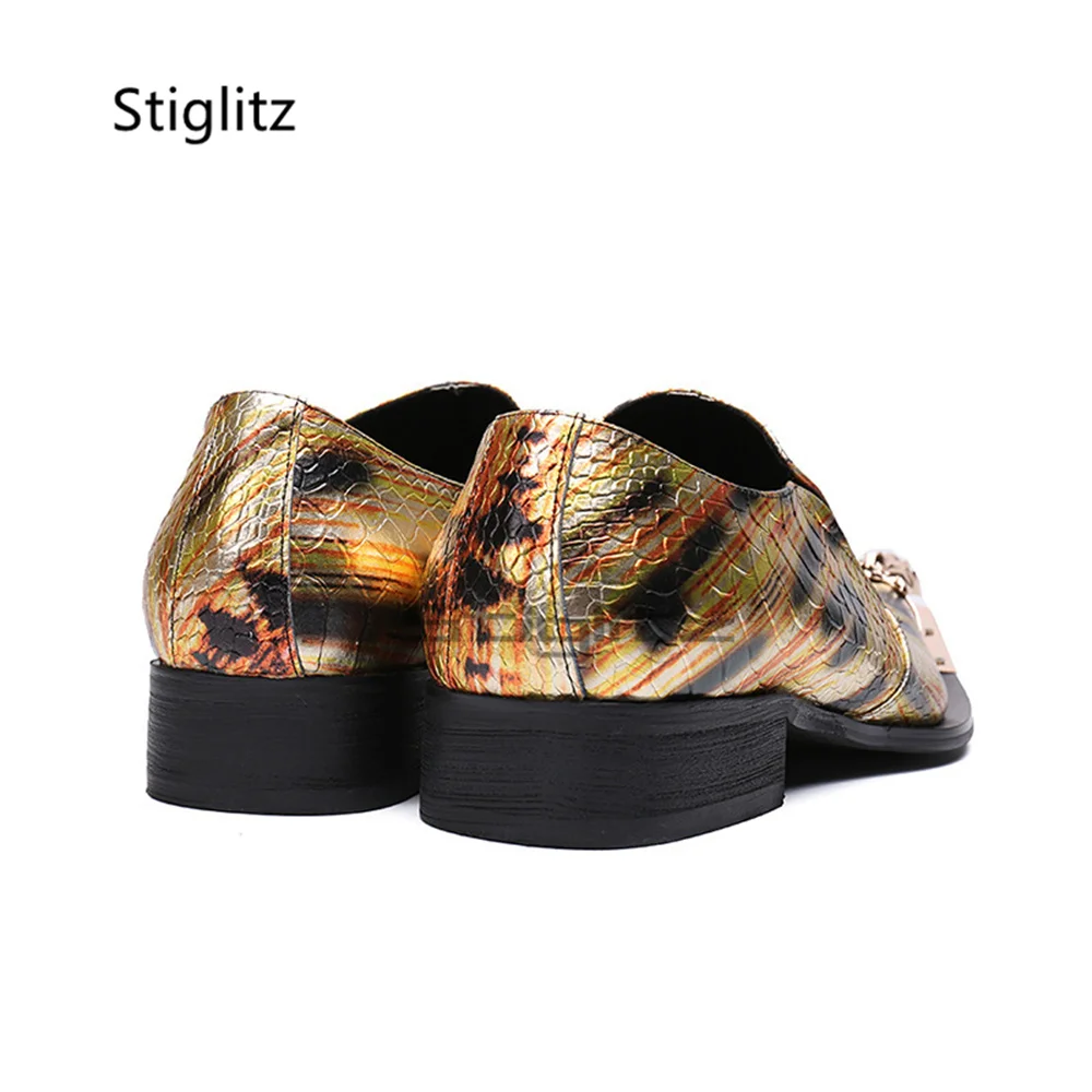 Men's Golden Snake Print Slip On Loafers Metal Pointed Toe Low Heel Genuine Leather Dress Shoes Wedding Party Footwear Big Size
