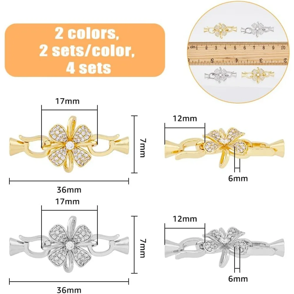 4Pcs 2 Colors Brass Pave Cubic Zirconia Fold Over Clasps Golden Silver Flower Extender Clasp Closure Hexagon End Caps making kit