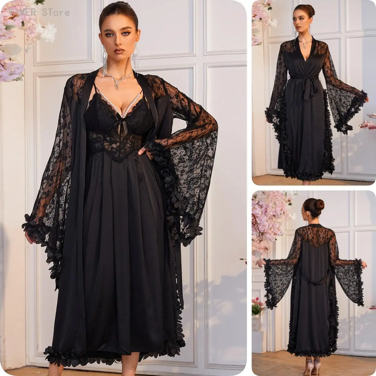 Women Water Soluble Lace Decor Flared Sleeve Robe Set Patchwork Drapey Long Dress Two Piece Home Loungewear