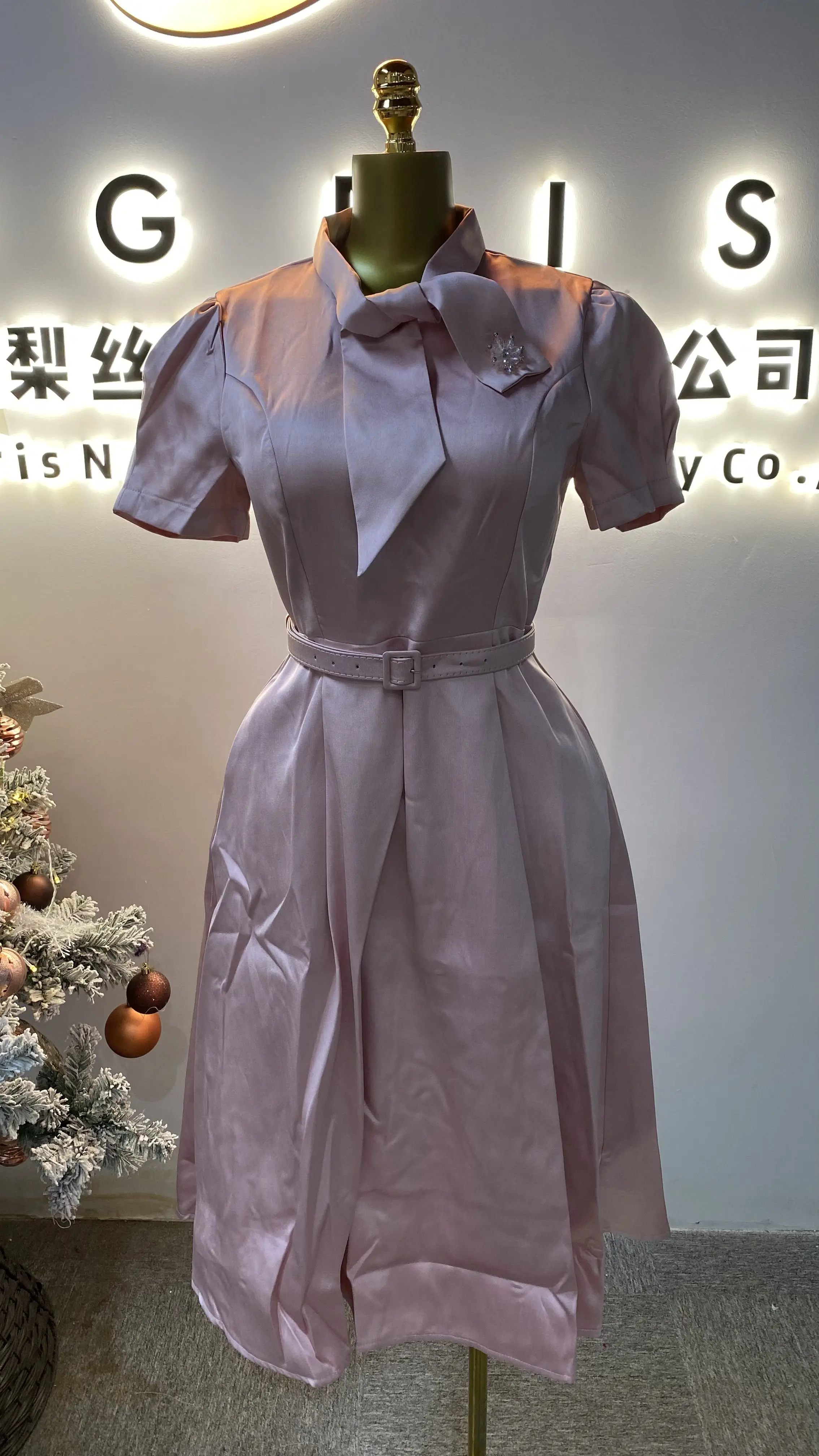 

New summer women's high-quality short-sleeved dress with bow, elegant French style, slim fit, party dress-GZXX095
