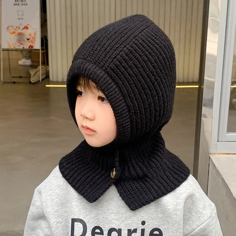 

4-12Year Kids Balaclava Knit Hat Children Ear Protection Cap Solid Color Woolen Crochet Bonnet Winter Warm Scarf Hooded Beanies
