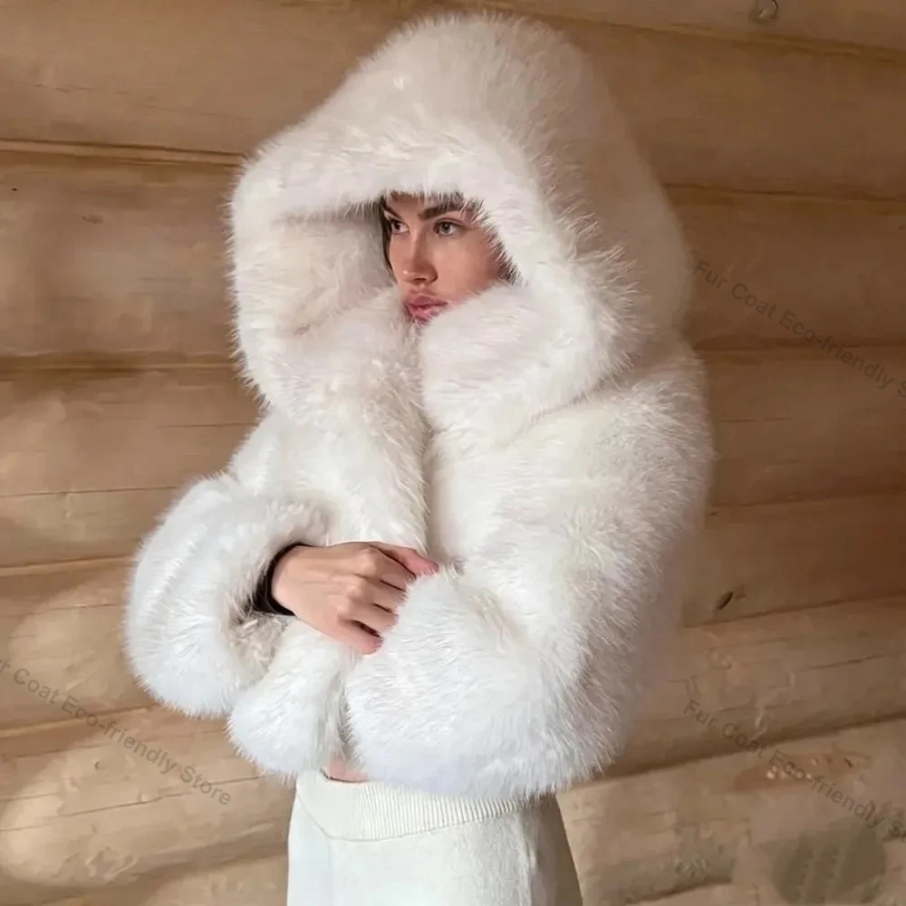 Women's Faux Fur Jacket White Mountain Fashion Hooded Cropped Faux Fur Coat Women Fluffy Women's Plush Coat Girls Hot Overcoat