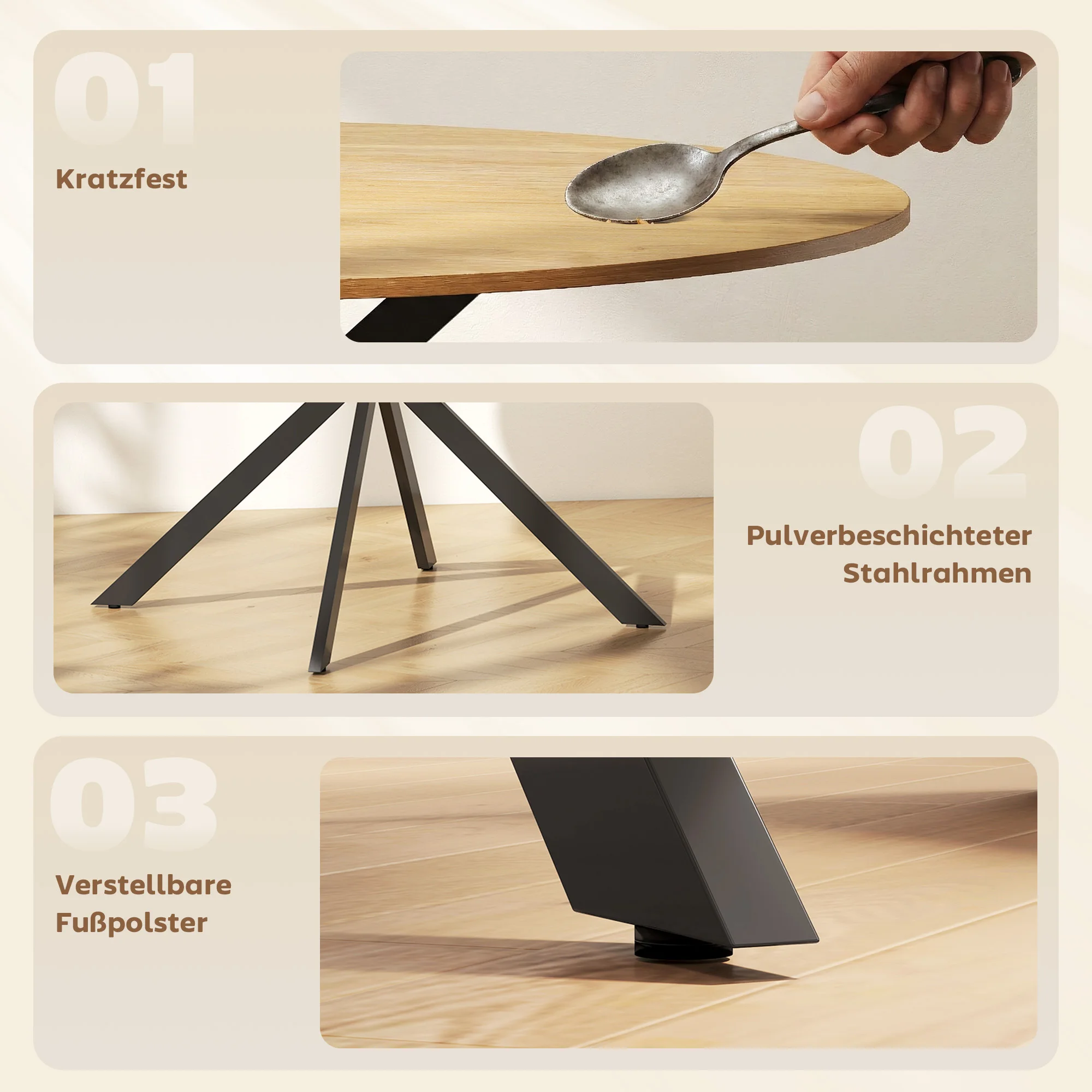 Afbeelding 7: Ronde eettafel voor 4 personen, keukentafel in industriële stijl met stalen poten, voor eetkamer, keuken, eikenhout