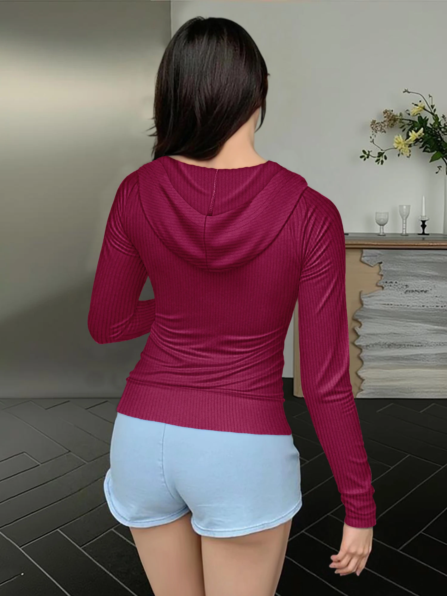Ladies Solid Ribbed Knit Zip Up Hoodie Cropped Long Sleeve Slim Fit Casual Jacket