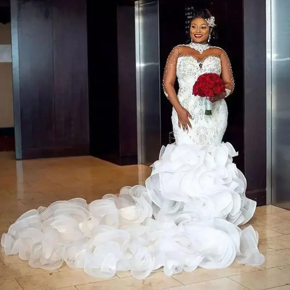 

Customized Luxury Plus Size African Wedding Dresses Arabic Aso Ebi Crystal Beaded Illusion Long Sleeve Ruffles Cathedral Train B