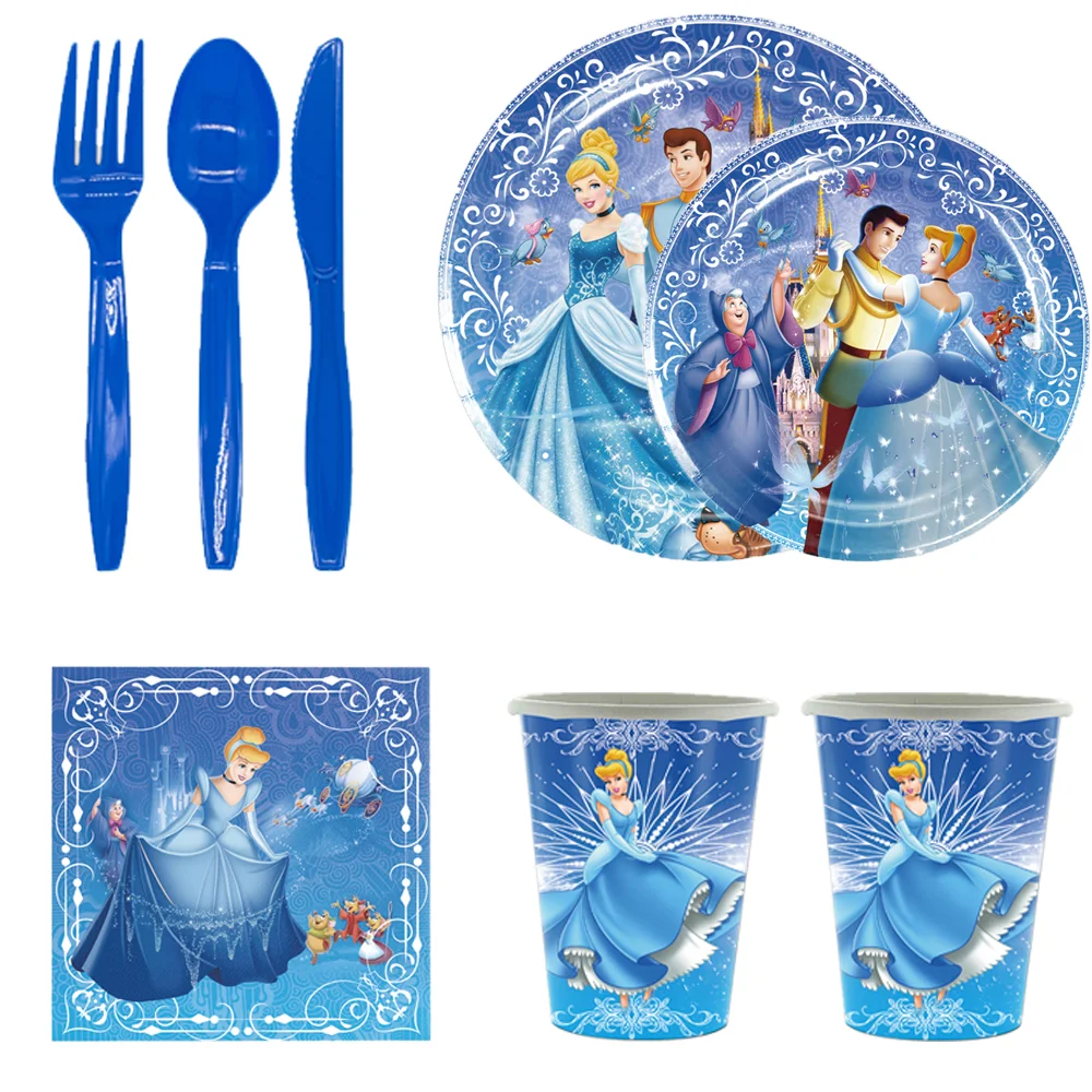 Cartoon Cinderella Theme Birthday Decorations Party Disposable Tableware Paper Napkins Cups Plates Tablecloths Straw