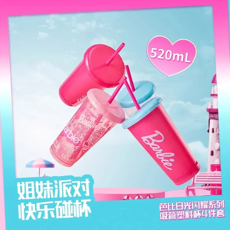 Populaire Nieuwe MINISO Barbie Sunshine Shine Serie Leuke Cartoon Home Pie Plastic Strobeker 520Ml 4-delige set Gemakkelijk te gebruiken Meisjesgeschenken