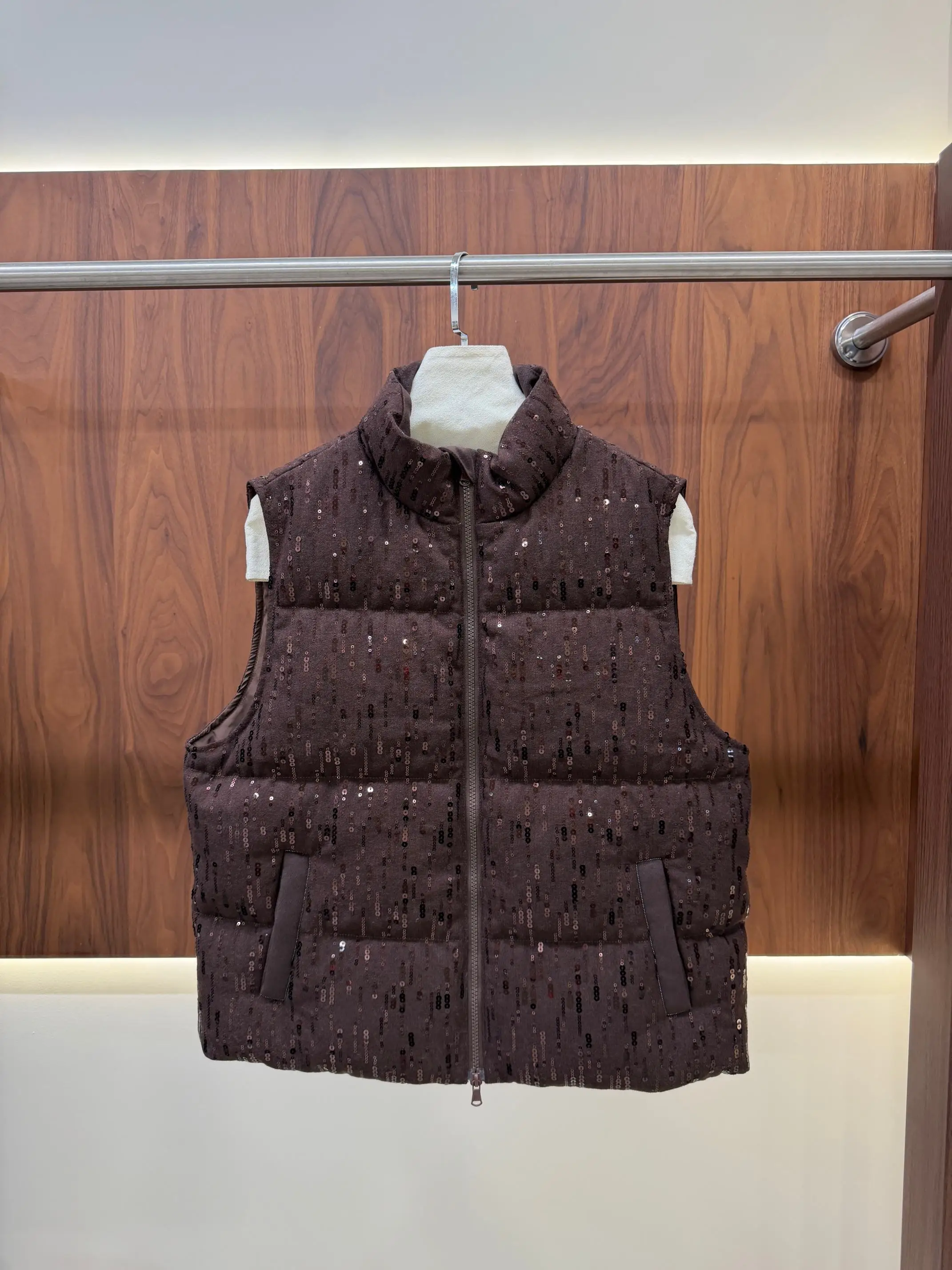 Women'S High-Quality Stand-Collar Sequin-Embellished Zip-Front Wool-Blend Down Vest (Fall/Winter 2026 New Arrival)