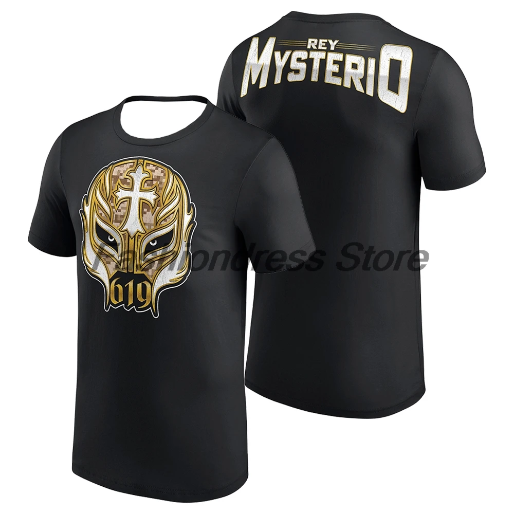 Men's Black Rey Mysterio 619 Gold Mask T-shirt Crewneck Short Sleeve Polyester Tee Women Outdoor Streetwear Tops