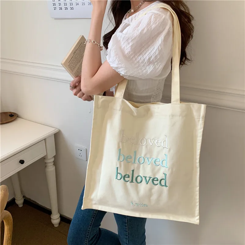 

Women Canvas Shoulder Bag Beloved Embroidery Daily Causal Handbag Tote Bag Large Capacity Cotton Reusable Shopping Beach Bag