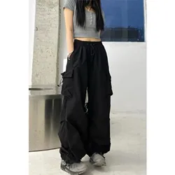 Girls' Harajuku Streetwear Fashion Straight-leg Pants Black Cool Multi-pocket High Waist Versatile Drape Loose Wide-leg Trousers