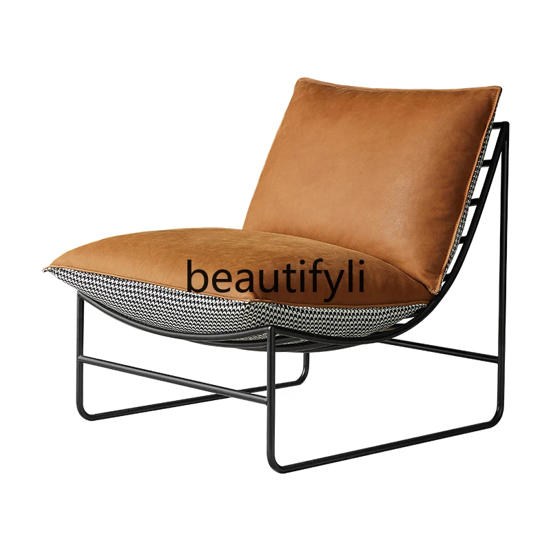 Single sofa chair imported leather leisure Nordic expression light luxury recliner lazy household iron art