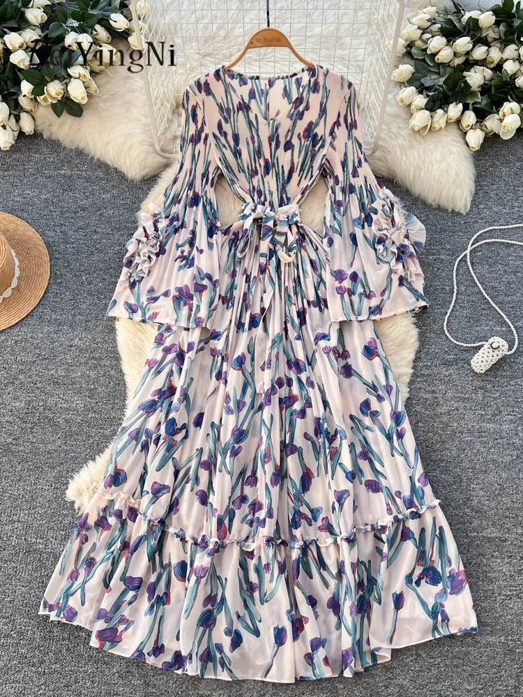 Beiyingni Lente Zomer Vakantie Maxi Jurk Vrouwen Bloemen Gedrukt Vrouwelijke Flare Mouw Geplooide Lange Mouw Jurken Pendelen Senior
