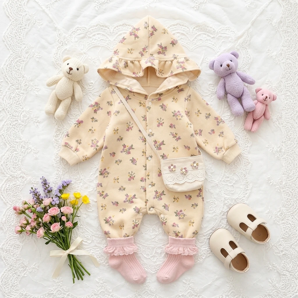 Baby Girls Rompers Long Sleeve Thickened Hooded Cute Toddler Clothes Sweet Floral Winter Warm