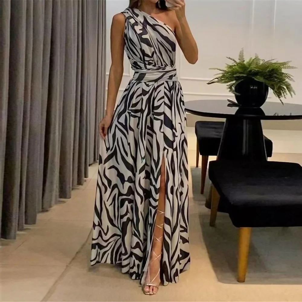 

Women's clothing fashion slanted shoulder sexy slim split fork temperament printed jumpsuit showing thin temperament simple clot