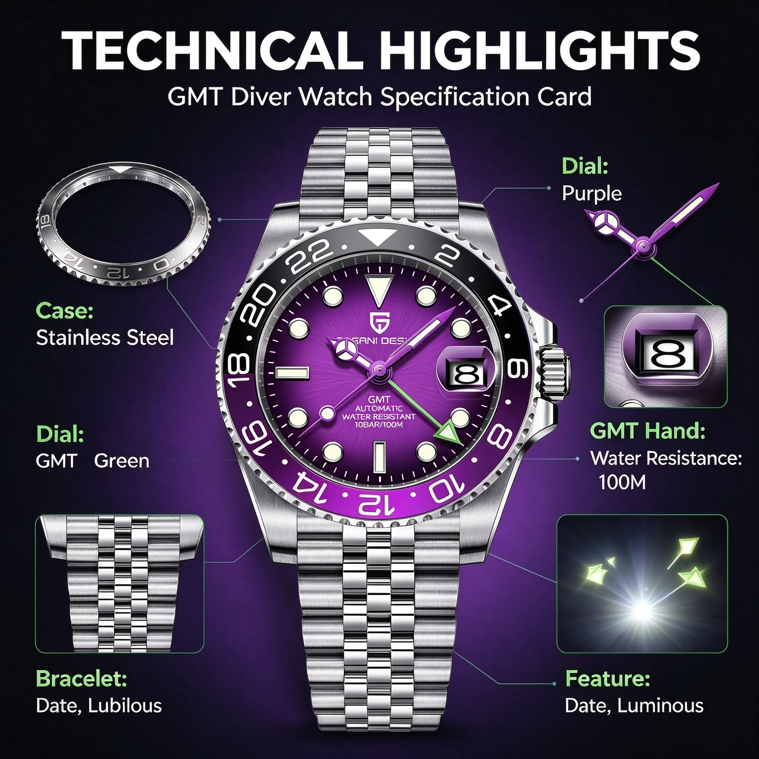 PAGANI DESIGN 40MM Men Automatic GMT Watch Purple Sunburst Dial 100M Waterproof Luminous Rotating Bezel Jubilee Steel Bracelet Sport Diving Wristwatches
