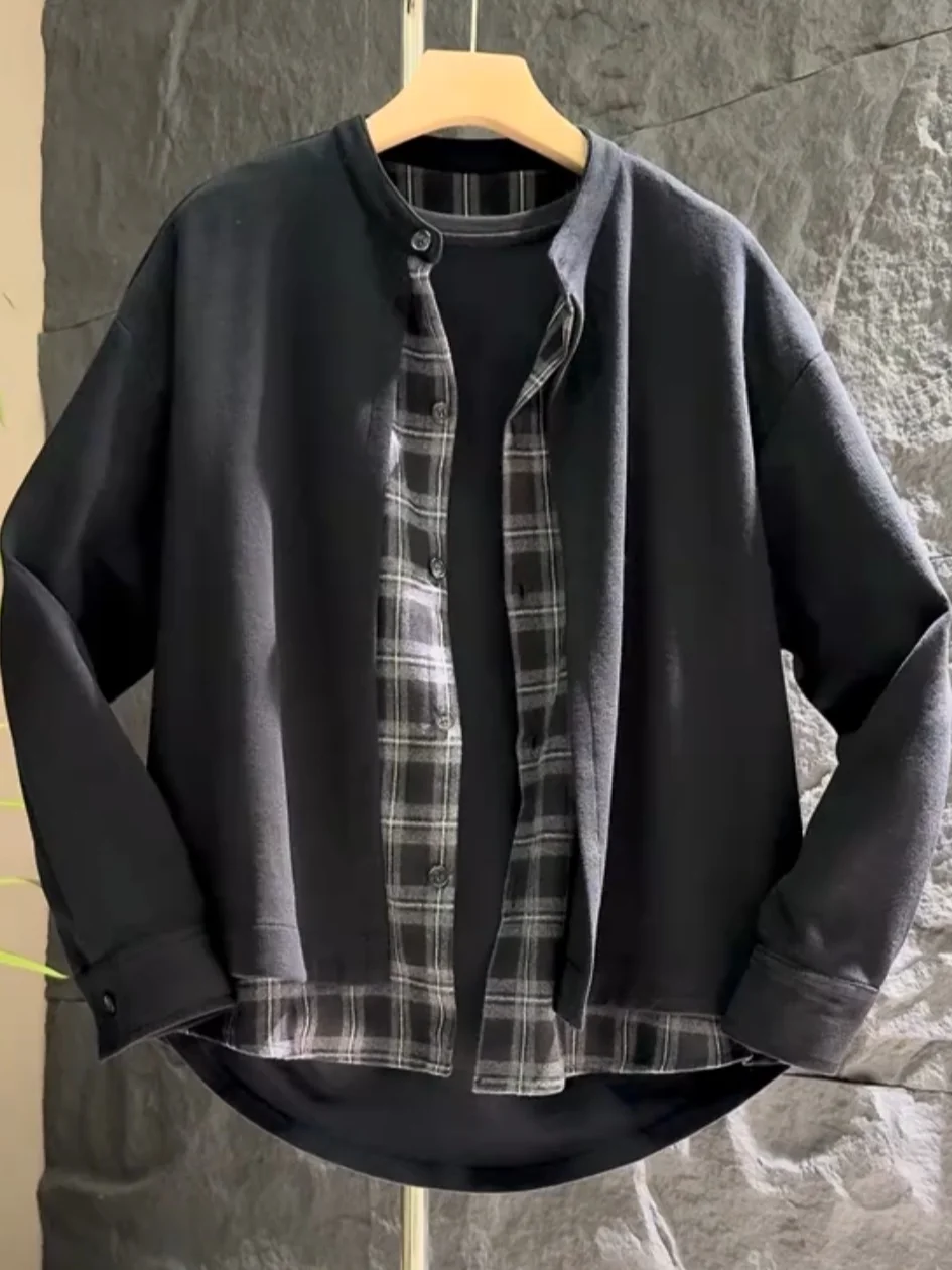 

Новый осенний повседневный кардиган в клетку с пэчворком для мужчин, свободный универсальный жакет с воротником Хенли, дышащий, с длинными рукавами, премиум-класса