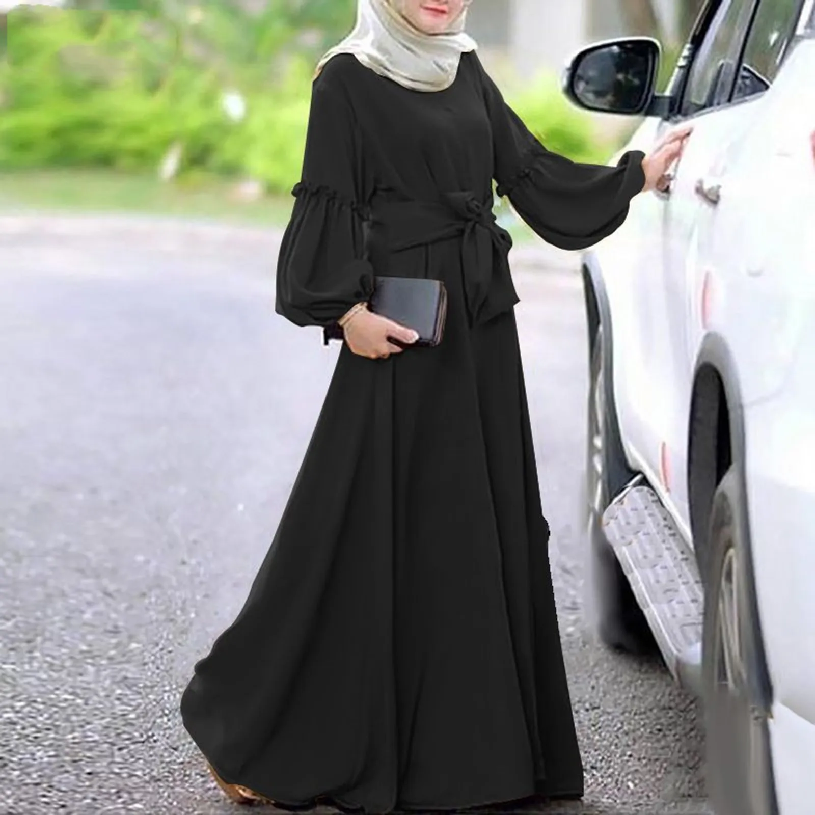 Prayer Clothes Women\'s Muslim Solid Color Long Sleeved Round Neck Ruffle Dresses Ramadan Abayas For Women Dubai Modest Robe