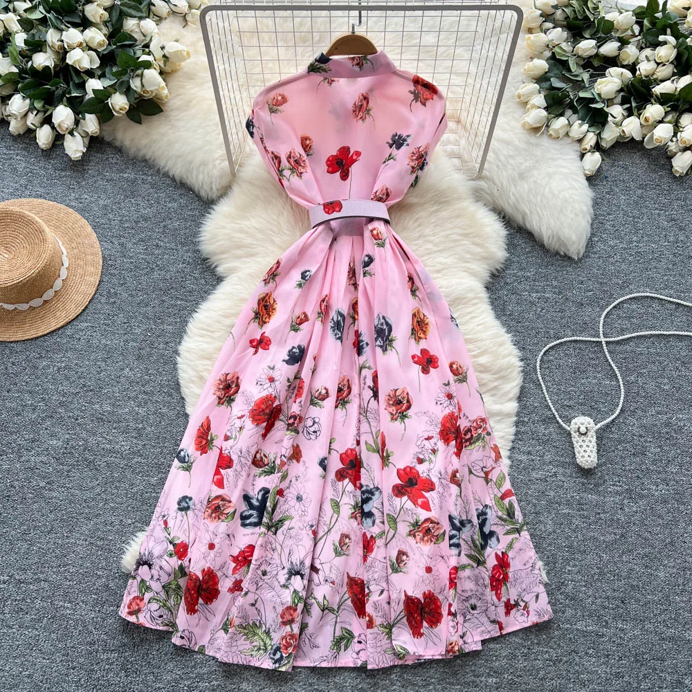 Chic vintage con stampa polo Elegante fata moda coreana Boho Prendisole abbigliamento donna Abito lungo