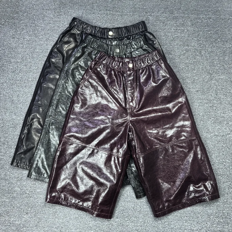 

Winter New Women's Genuine eepskin Leather Pants Elastic Waist Casual Wide Leg Pants Seven-Foot Length High Waist Button