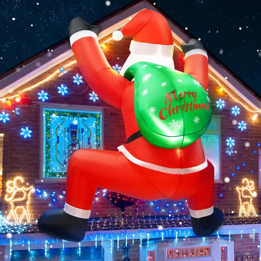 

Christmas Inflatable Decorations Hanging Santa Builtin Bright LEDs, Climbing Santa Claus with Gift Bag Christmas Roof Blow Up Ya