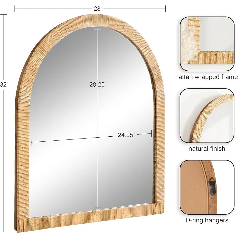 Rahfy Boho Arch Rattan Wall Mirror, 28 x 32, Natural Wood, Decorative Wooden Mirror with Authentic Rattan Frame