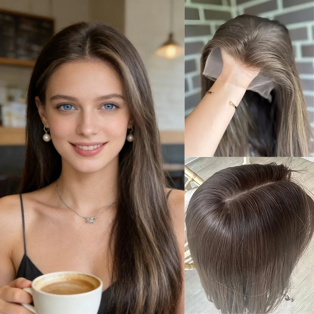 

Шелковистые прямые парики с коричневыми прядями и кружевной передней частью для женщин, предварительно проработанная линия роста волос, термостойкие синтетические парики с естественной линией волос.