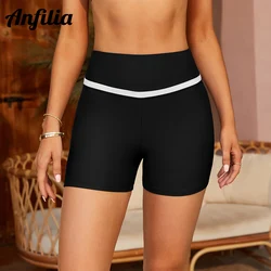 Anfilia Women Swimming Trunks Full Lined Skin Friendly High Waisted  with Pockets Contrast Color Piping Surfing Tankini Bottoms