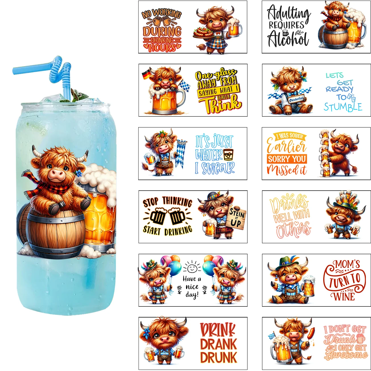 

16oz Beer Cow Design Waterproof Beautiful Wipe-On Transfers Wraps UV DTF Cup Stickers Glass Movement DTF Transfer Stickers