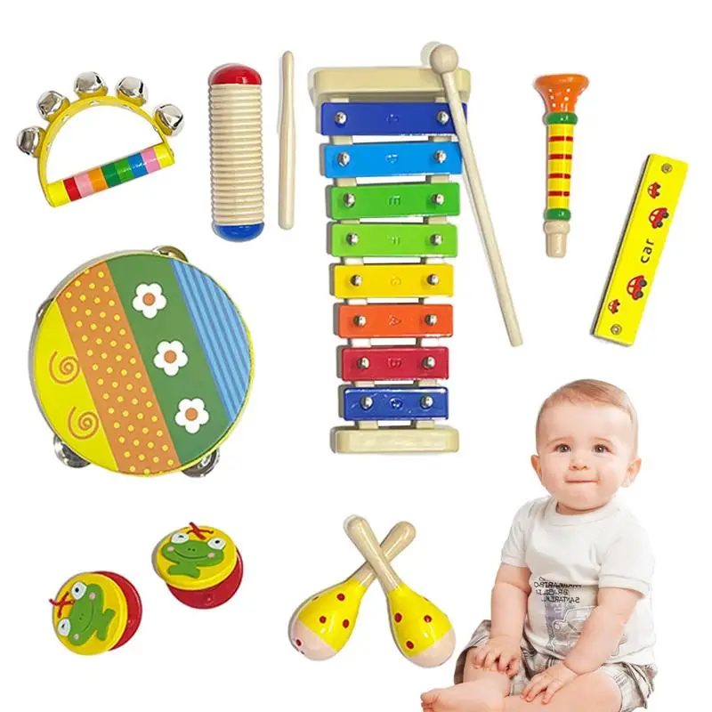 Toddler Instrument Set Wooden Shakers Music Toys Jazz Drum Set with Stool, 2 Drum Sticks, Cymbal and 5 Drums Musical Instruments