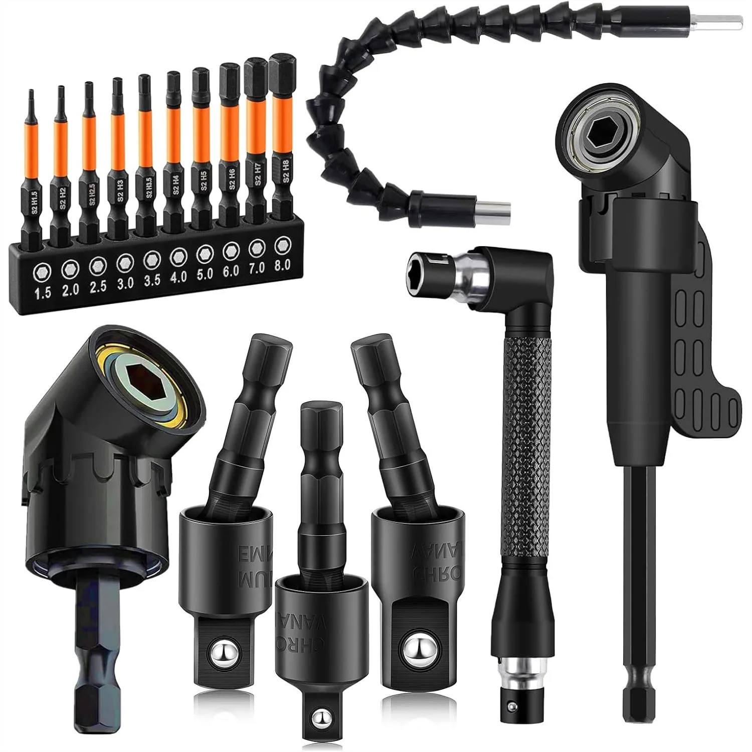 

17 Piece Flexible Drill Bit Extension Kit with Right Angle Attachment, Rotatable Socket Adapter Set, 360° Bendable Shaft for