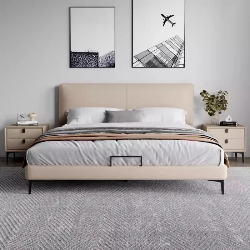 Italian first-layer cowhide leather bed modern simple small apartment 1.8 meters bedroom double bed