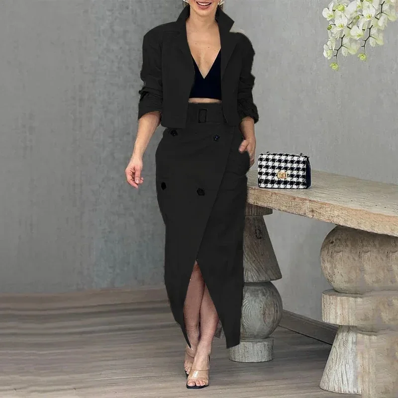 Long sleeved collar solid color top A-line slim fit irregular slit with button down long skirt set