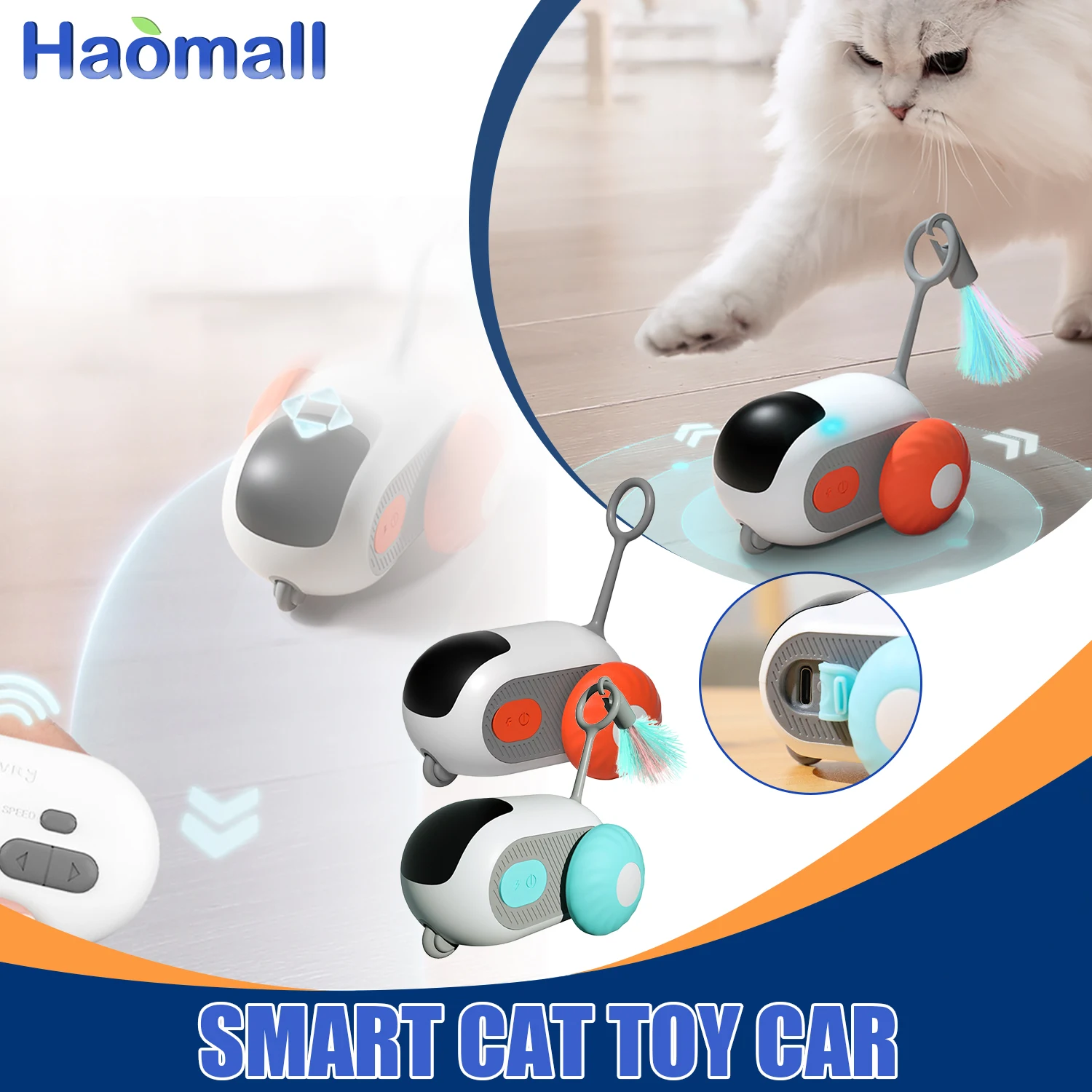 

Intelligent Sports Car Remote Control Electric Cat Toys Automatic Rolling Pet Mice Interactive Feathers Cat Sticks Kitten Toy