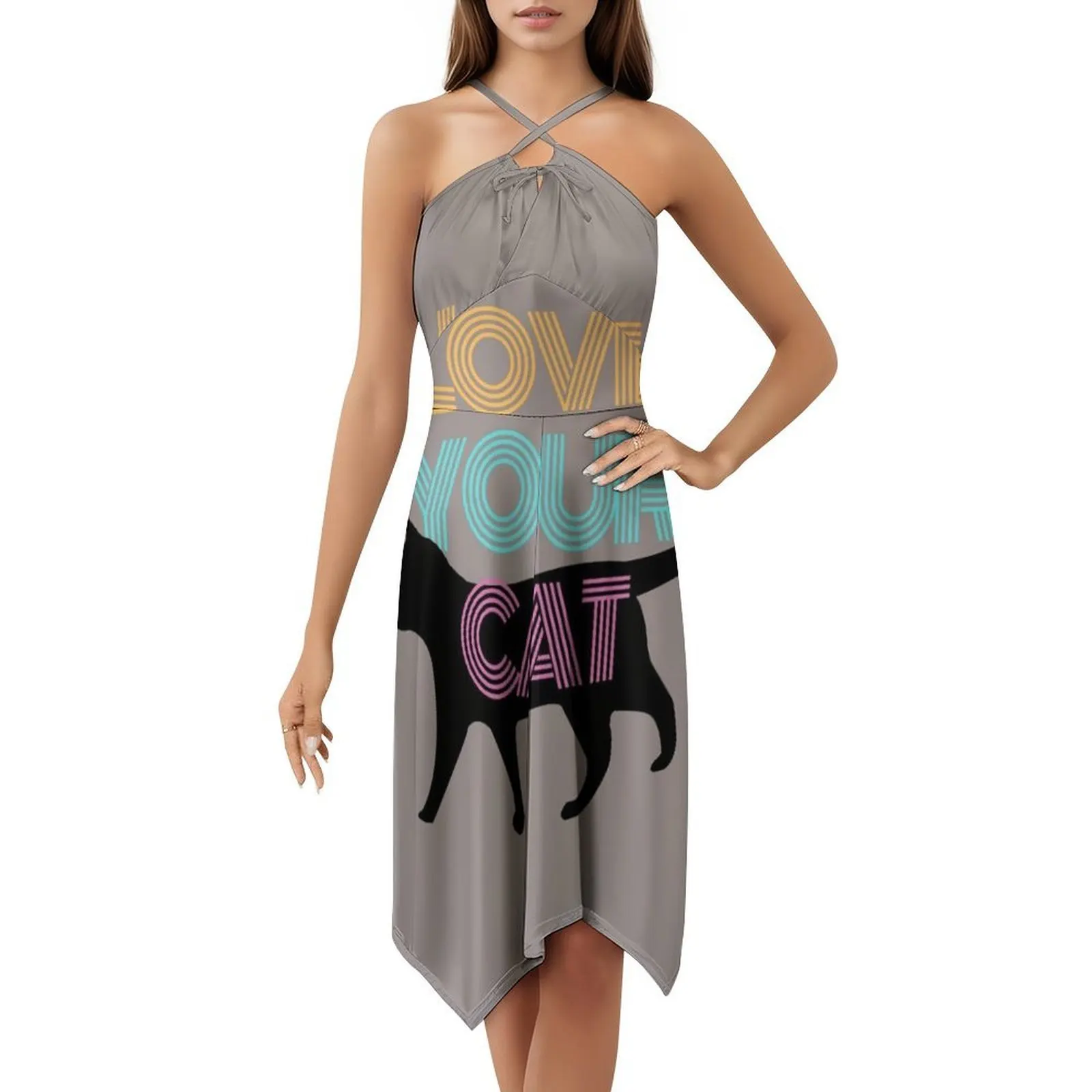 أحب قطتك البوهيمي فستان بلا أكمام متعدد المطبوعات عطلة الشاطئ فستان الحفلات الحب القط القطط القطط الرجعية فيبي الأسود الإناث