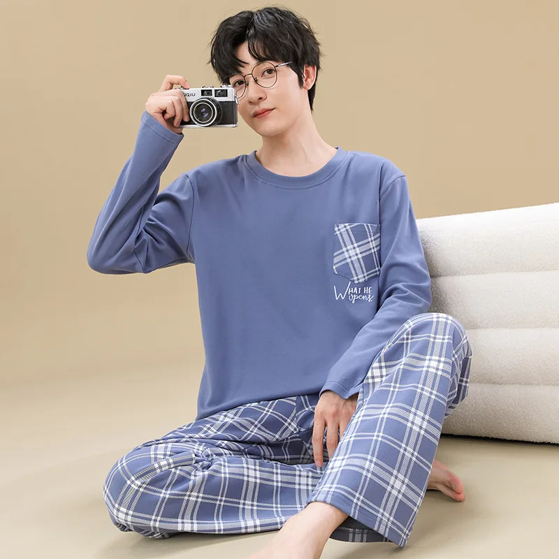 100% Pure Cotton Men\'s Pajamas Suit Spring Autumn Pullover Long-sleeved Youth Cotton Casual Loungewear Suit Male Soft Homewear